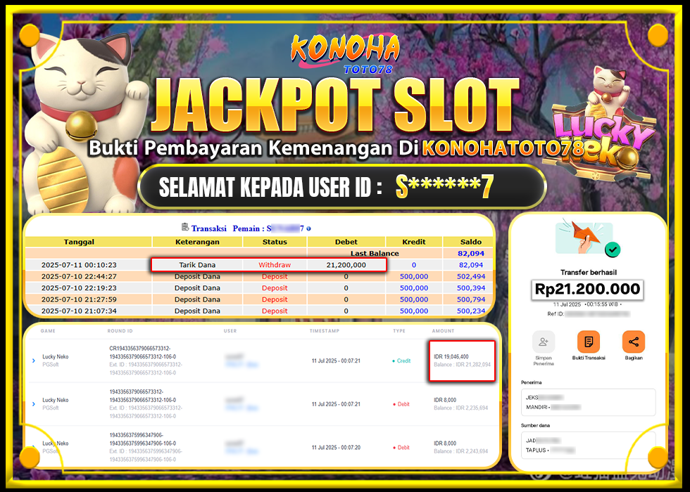 KONOHATOTO78 JACKPOT LUCKY NEKO Rp.21.200.000,- LUNAS